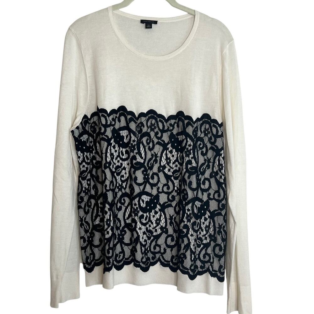 Ann Taylor Womens Lightweight Sweater Size XL Ivory Black Lace Overlay